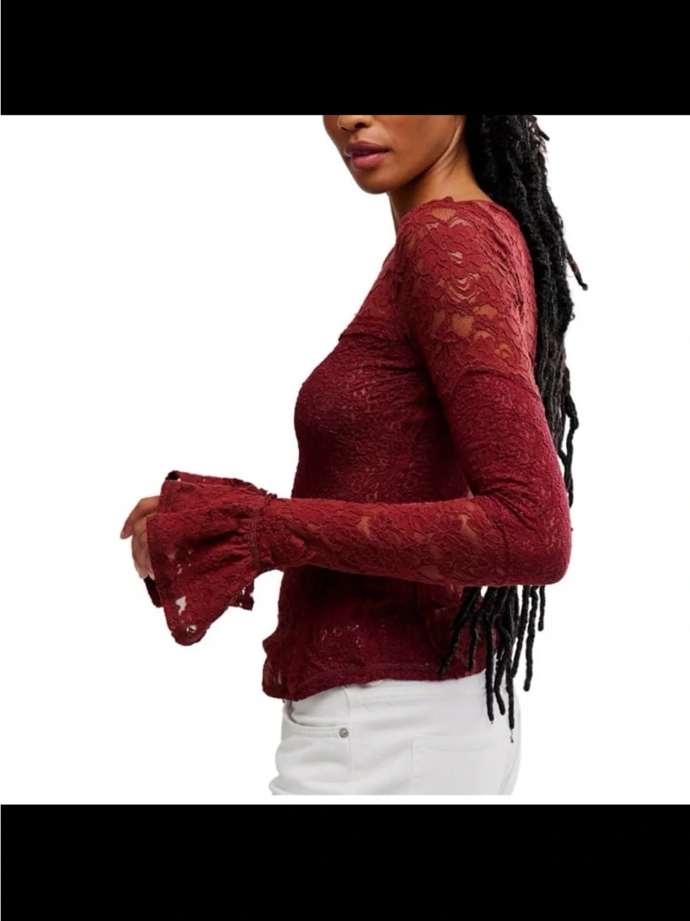 Free People Burgundy Lace Long-Sleeve Boatneck Top lace sheer